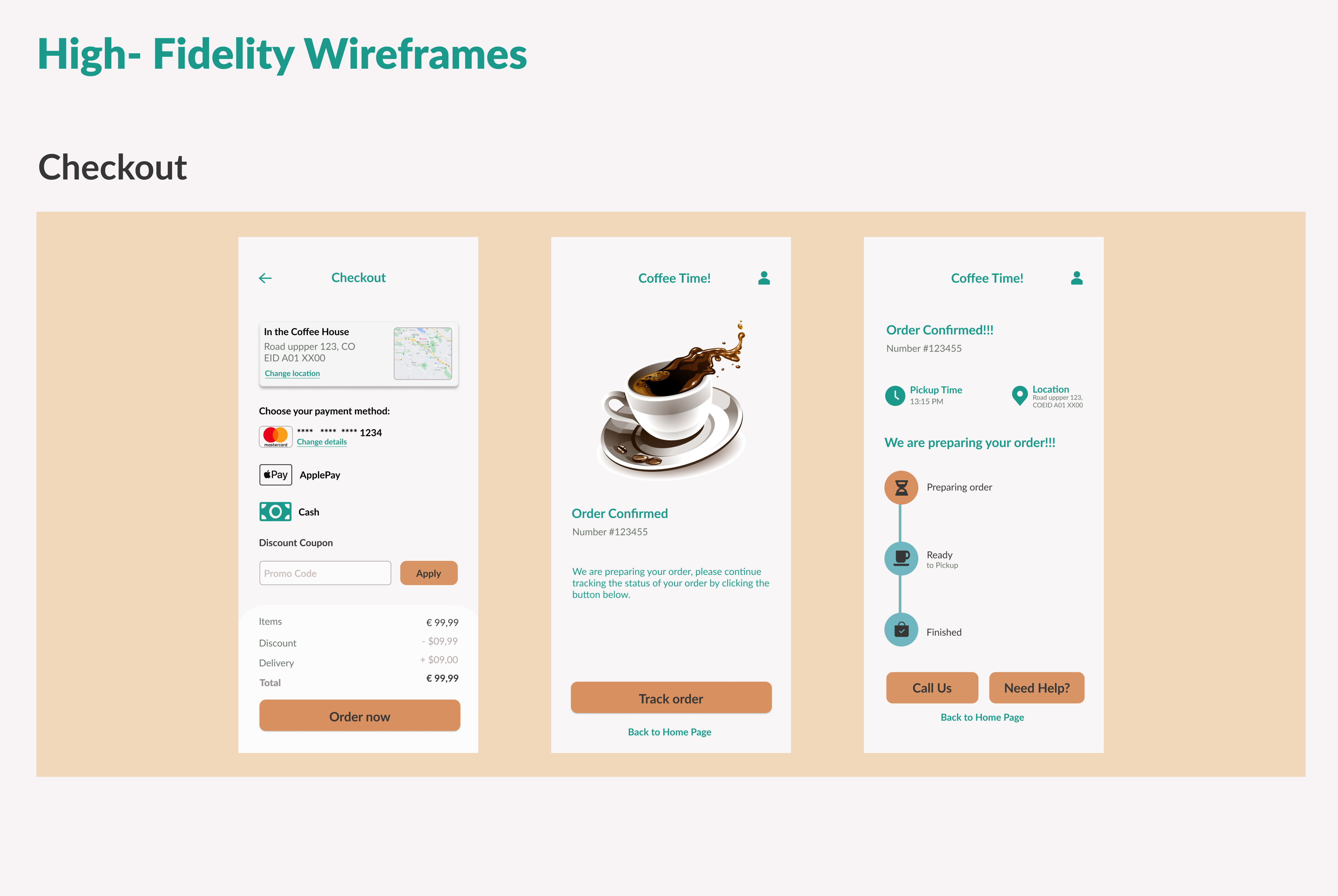 Coffee House Mobile App - UX/UI Design Case Study - High Fidelity Wireframes